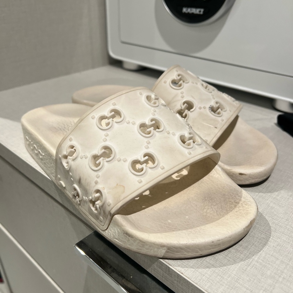 Gucci Women's Off-White Embossed Slide Sandals